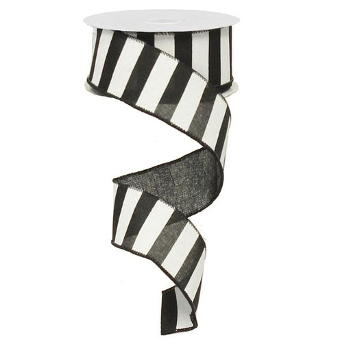 The 1.5 Black White Horizontal Stripe Ribbon RX9148X6 is a synthetic ribbon with bold black and white stripes, partially unrolled in a spiral. A wire edge adds structure, perfect for creative designs.