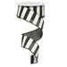 The 1.5 Black White Horizontal Stripe Ribbon RX9148X6 is a synthetic ribbon with bold black and white stripes, partially unrolled in a spiral. A wire edge adds structure, perfect for creative designs.