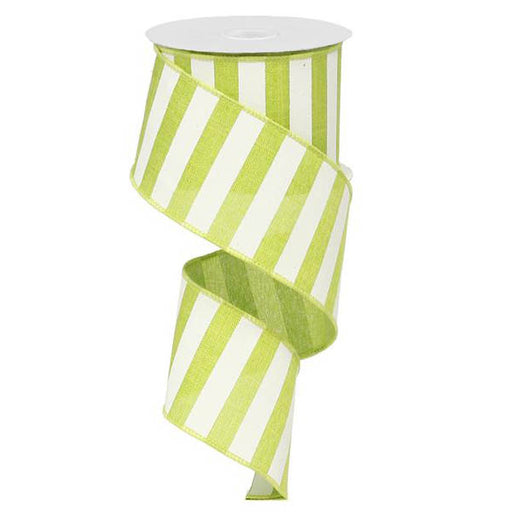 The 2.5 Lime White Horizontal Stripe Ribbon RX9149WW is wound around a spool, and its partially unwound form elegantly forms a graceful, loose spiral showcasing its vibrant charm.
