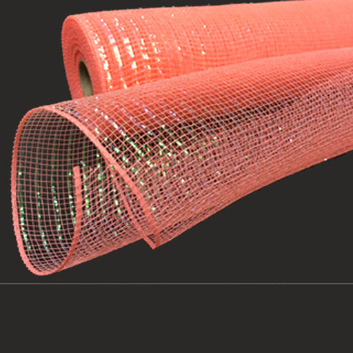 Two large rolls of 10 Coral Iridescent Metallic Foil Poly Mesh XB90510-46, partially unrolled on a dark background. The grid-like pattern allows light to shine through in playful designs.