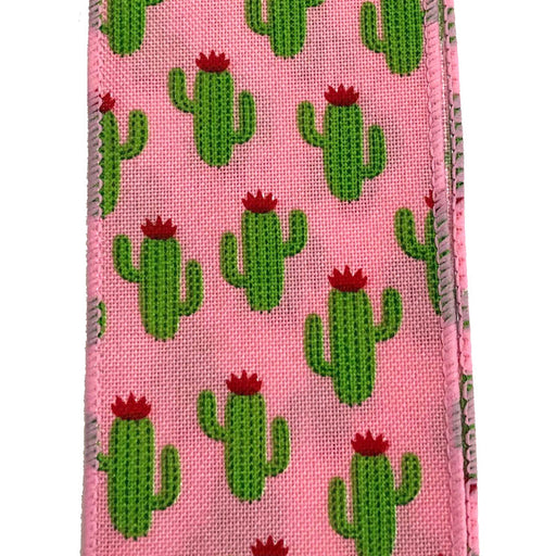 Close-up of a 2.5 Pink Linen Green Cactus Print Ribbon (Q918640-03) featuring green cacti wearing red crowns on a pink background, woven into a linen-like texture, arranged in a repeating grid and edged with synthetic wire to highlight its vibrant design.
