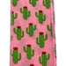 Close-up of a 2.5 Pink Linen Green Cactus Print Ribbon (Q918640-03) featuring green cacti wearing red crowns on a pink background, woven into a linen-like texture, arranged in a repeating grid and edged with synthetic wire to highlight its vibrant design.