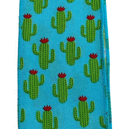 The 2.5 Aqua Linen Green Cactus Print Ribbon Q918640-39 showcases green cacti with red flowers on a bright blue background.