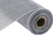 A roll of the 10" Silver Wide Foil Deco Poly Mesh RE136626, displaying its silvery gray finish, is partially unrolled and resting on a pristine white surface.