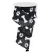 A spool of 2.5 Black with White Paw Prints & Bones Ribbon RGA115102, featuring white paw prints and dog bones, is partially unrolled in a spiral shape.