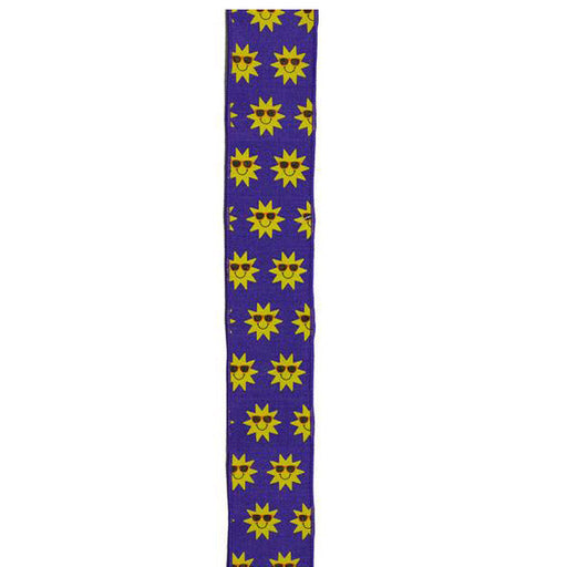 The 2.5 Purple Sunshine Ribbon (RGA137923) is a vertical tie featuring yellow, stylized sun shapes on a plain white background, adding a burst of sunshine to any style.