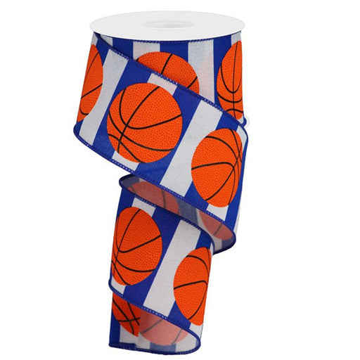 A partially unspooled, wired 2.5 polyester ribbon with alternating basketballs and blue/white stripes is named 2.5 Royal White Stripe Orange Basketball Print Ribbon RGA1518DE.
