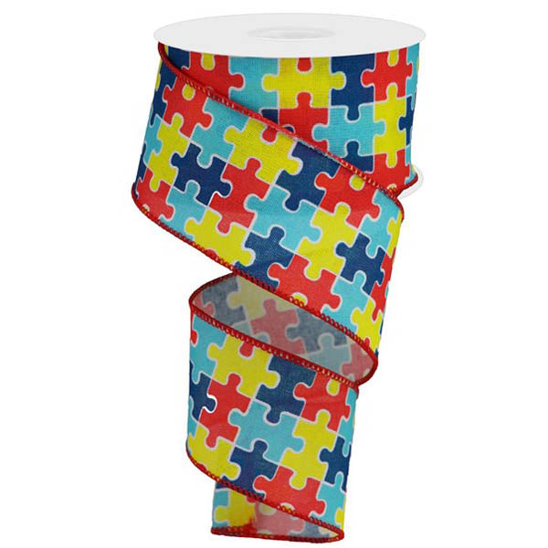 2.5" Red Yellow Blue Puzzle Print Autism Awareness Ribbon RGA1523W5