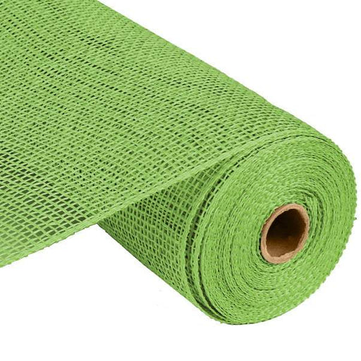 The 10 Poly Burlap Mesh Lime Green RP810033, featuring a cardboard core, is unrolled against a white background. Its grid-like texture and lightweight polypropylene fabric make it ideal for crafts or decorations.