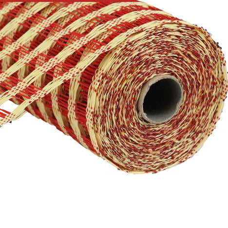 A close-up of the 10 Beige Red Poly Burlap Check Mesh (RP8122F6) showcases its rich checkered pattern in red, beige, and brown, revealing intricate textures and color variations.