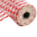The 10 Red White Poly Burlap Check Mesh RP812334 is a lightweight, textured fabric roll with a red and white checkered pattern. Made from durable polypropylene, it features a hollow center, partially unrolled to the left.