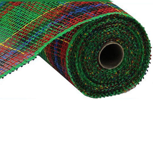 A roll of 10" Emerald Red Black Royal Plaid Poly Burlap Check Mesh RP8143 features a visible cylindrical core and a vibrant pattern of intertwined green, red, and blue threads in polypropylene.