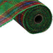A roll of 10" Emerald Red Black Royal Plaid Poly Burlap Check Mesh RP8143 features a visible cylindrical core and a vibrant pattern of intertwined green, red, and blue threads in polypropylene.