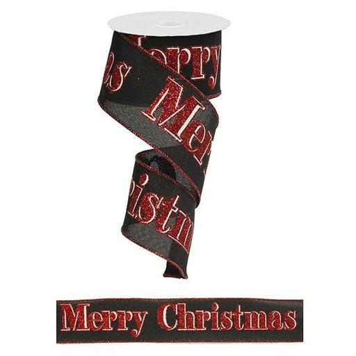 The 2.5 Black Red White Glitter Merry Christmas Ribbon RX041202 showcases Merry Christmas in red glitter on a black base with wired edges, shown both coiled and uncoiled for a festive flair.