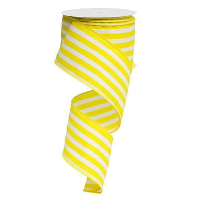 The 2.5 Yellow White Vertical Stripe Ribbon RX9136J3 is made from 100% polyester and features vibrant yellow and white vertical stripes. With a wire edge, it can be partially unrolled and twisted into a spiral to hold its cheerful design beautifully.