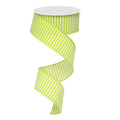 The 1.5 Lime Green White Horizontal Lines Ribbon RX9141F5 unfurls in a spiral shape against a white background, featuring a polyester wire edge for added structure.