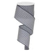 The 2.5 Navy Blue White Horizontal Lines Ribbon RX9142N9, a wire-edge polyester ribbon with navy blue and white diagonal stripes, elegantly spirals downward against a pristine white background.