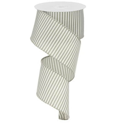 The 2.5 Grey White Horizontal Lines Ribbon RX9142R7 is a spool of 100% polyester ribbon with vertical stripes, partially unrolled and spiraled. A wire edge adds flexibility, and its neatly wound around a white circular reel.