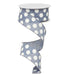 The 1.5" Medium Dot Denim Blue White Ribbon RX914565 features a denim blue background adorned with large white polka dots. Made from 100% polyester, the ribbon is elegantly draped in a spiral and partially unspooled.