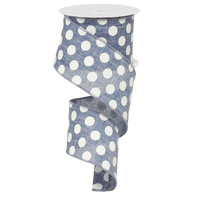 The 2.5 Medium Multi Dot Denim Blue White Ribbon RX914665 features a wire edge for easy shaping and is partially unwound, forming a loose spiral below the spool.