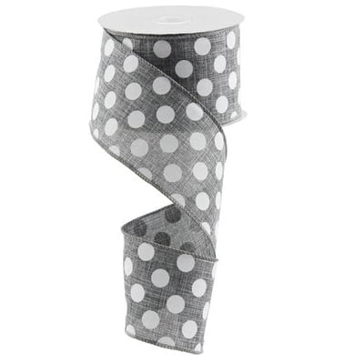 The 2.5 Medium Multi Dot Grey White Ribbon RX9146R7, made of 100% polyester, is unrolled vertically and artistically twisted into a spiral shape against a plain white background.