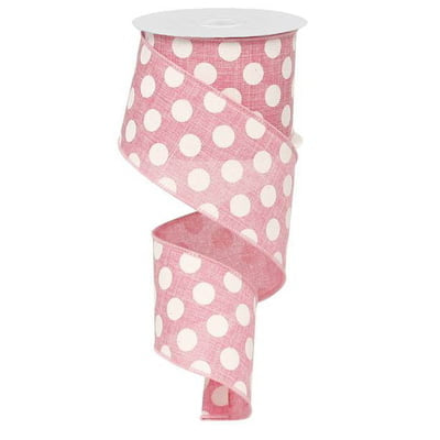 A partially unrolled spool of the 2.5" Medium Multi Dot Pink White Ribbon RX9146WT, showcasing its pink polyester fabric with white polka dots and wire edge for easy shaping, set against a white background in a spiral.