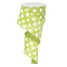 The 2.5 Medium Multi Dot Lime Green White Ribbon RX9146WW, made of 100% polyester, is slightly unraveled on a sleek white spool, showcasing its charming lime green with white polka dots pattern.