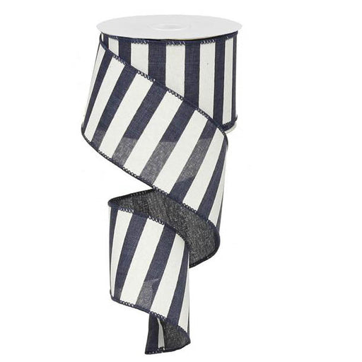 A 2.5 roll of Navy Blue White Horizontal Stripe Ribbon (RX9149TR) is loosely coiled, showcasing its texture and pattern against a plain white background, emphasizing its elegant design.