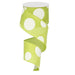 The 2.5 Lime Green White Polka Dot Ribbon 50 Yd Roll RX9543WW unrolled slightly in a spiral, showcasing its large white spots.