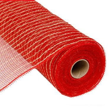 A roll of 10.5 Red Natural Poly Jute Mesh RY800524 unrolls, showcasing its cylindrical shape with a visible cardboard core and a classic grid pattern crafted from Red Natural Material.
