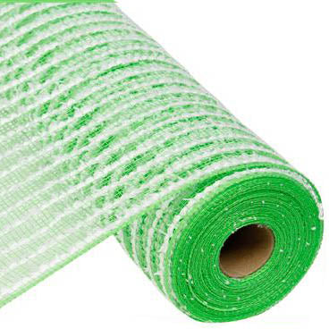 A roll of 10.5 Cotton Drift Mesh Lime White RY810266, partially unrolled, shows alternating lime green and white colors. The polyester fabric is tightly wound around a cardboard tube.