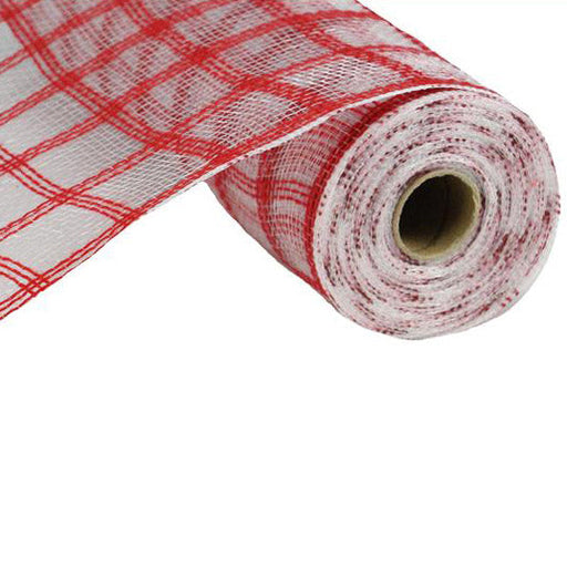 The 10.5 Red Faux Jute Check Mesh (RY830624) roll displays a tightly wound red and white checkered pattern with an open weave texture reminiscent of faux jute.