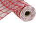 The 10.5 Red Faux Jute Check Mesh (RY830624) roll displays a tightly wound red and white checkered pattern with an open weave texture reminiscent of faux jute.