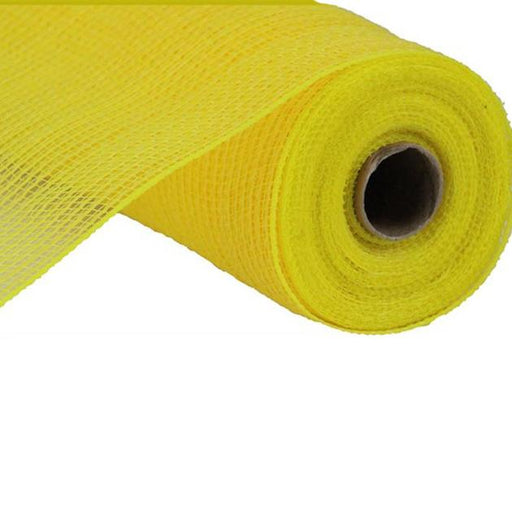 Partially unrolled on a white background, the 10.5 Yellow Faux Jute Stripe Weave Mesh (RY831229) is tightly woven and crafted from polypropylene, giving it a lightweight and flexible appearance.