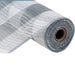 A close-up of the 10.5 Grey White Faux Jute Large Check Mesh RY8315J8 roll reveals its woven textile texture, primarily white with gray accents, wrapped around a cardboard core, ideal for drywall and plastering tasks.