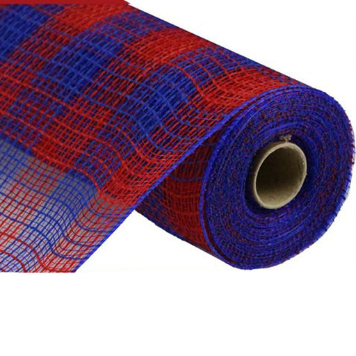 The 10.5 Royal Blue Red Small Check Faux Jute Mesh RY832087 features a roll of mesh ribbon with an alternating red and blue checkered pattern on a white background, partially unfurled to display its vibrant colors and textured weave.