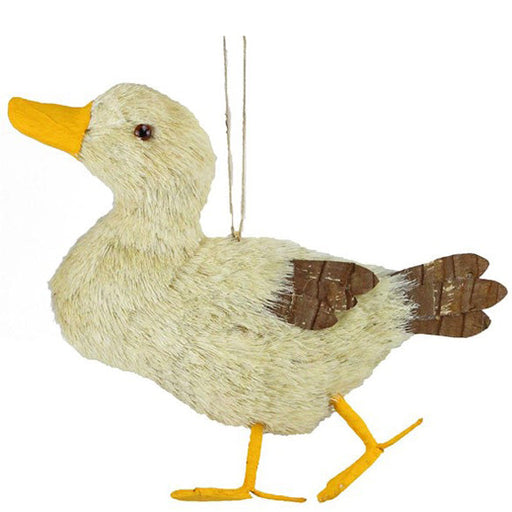 The 12.75" Cream Linen Half Duck Easter Wall Decor (TT2072) features a delightful handmade design with a beige fuzzy body, orange beak and feet, and brown tail feathers. It is perfect for Duck Decor or as Easter Wall Decor and is elegantly suspended by a string to complement your Linen Decor collection.