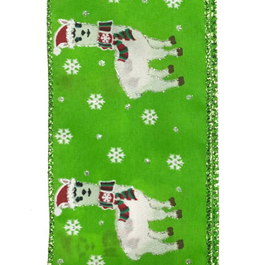 A lime green satin ribbon featuring cartoon llamas dressed in Santa hats and scarves, surrounded by white snowflakes. The 2.5" Lime Green Satin White Christmas Llama Ribbon (X920640-09) exudes the perfect holiday sparkle with its shiny, glittery edges.