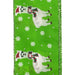 A lime green satin ribbon featuring cartoon llamas dressed in Santa hats and scarves, surrounded by white snowflakes. The 2.5" Lime Green Satin White Christmas Llama Ribbon (X920640-09) exudes the perfect holiday sparkle with its shiny, glittery edges.
