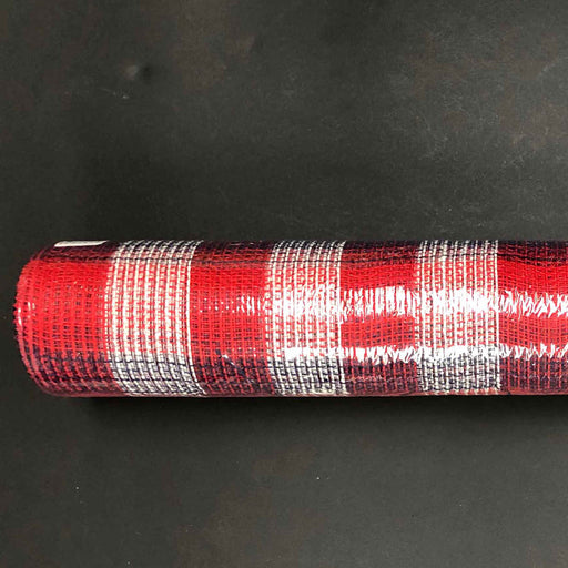 A roll of 10 Red Cream Navy Check Fabric Plaid Mesh XB100910-27, made of polyester, rests on a dark surface. Its shiny texture and grid-like pattern enhance its plaid appearance.
