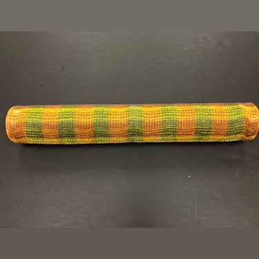 A 21 rolled-up Moss Orange Check Plaid Fabric Mesh (XB1011-19) in green and orange lies on a dark surface, crafted from durable polypropylene for style and resilience.