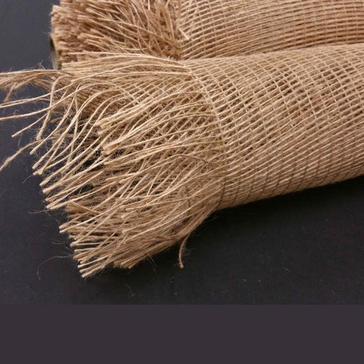 A close-up shows two 10 Dark Natural Frayed Burlap Mesh Rolls (XB97010-15) on a black surface, highlighting their coarse texture and dark natural brown color.