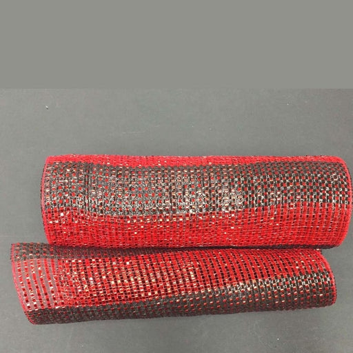 Two rolls, with the 10 Red Black Metallic Striped Mesh Roll XB99610-13 crafted from polypropylene, rest on a dark surface. Slightly transparent and grid-patterned, they are stacked one above the other in a sleek design, with one roll slightly smaller than the other.