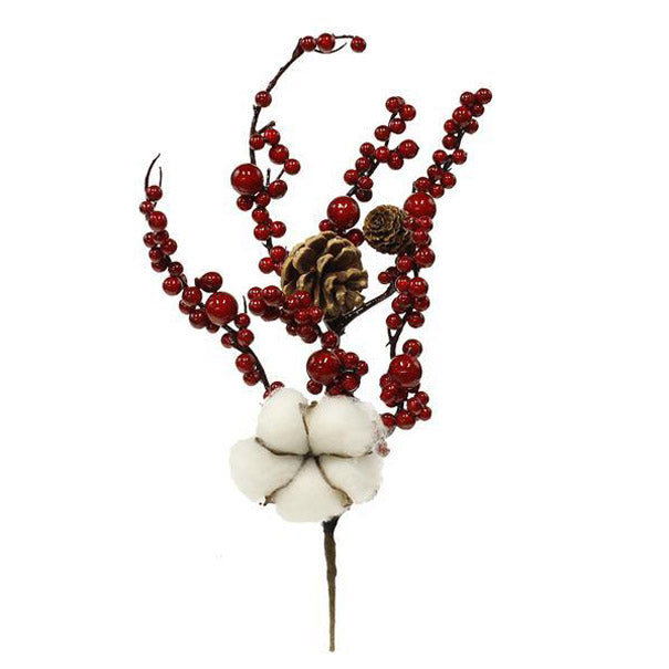 14" Cotton Boll Red Berry Pinecone Pick XX1972