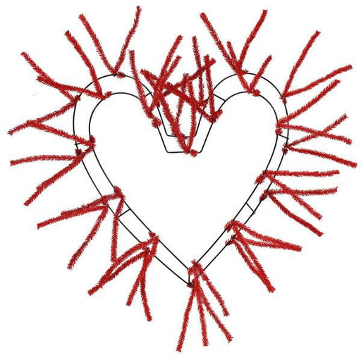 The 18" Heart Form Red Non-Metallic Pencil XX765024 features a heart-shaped frame adorned with red tinsel branches that radiate outward, creating a spiky and vibrant design. This heart wreath is decorated with mesh twist ties, and its empty center adds to its festive and decorative charm.