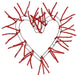 The 18" Heart Form Red Non-Metallic Pencil XX765024 features a heart-shaped frame adorned with red tinsel branches that radiate outward, creating a spiky and vibrant design. This heart wreath is decorated with mesh twist ties, and its empty center adds to its festive and decorative charm.