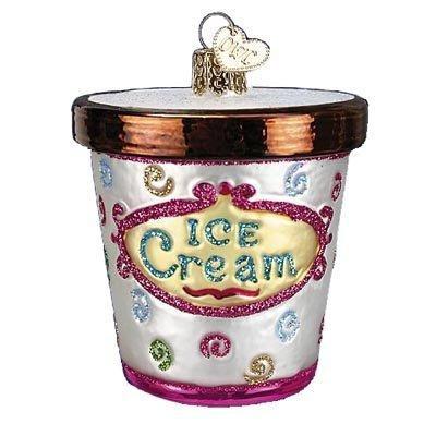 The Ice Cream Carton Old World Christmas Ornament 32177 is a collectible glass piece shaped like an ice cream tub, featuring colorful swirls and glitter. It proudly displays Ice Cream on its front, making it a delightful addition to any holiday decor.
