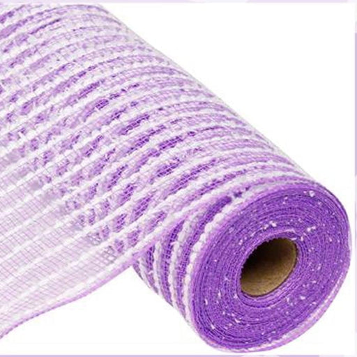 The 10.5 Cotton Drift Poly Mesh Lavender White RY810268 is depicted as a tightly wound roll with a cardboard center, showcasing a checkered design with tiny holes.